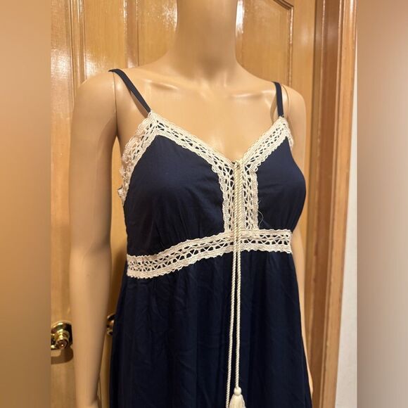 1. State Navy Blue Spaghetti Strap Boho Summer Maxi Dress Lace trim Sz S - Picture 3 of 8